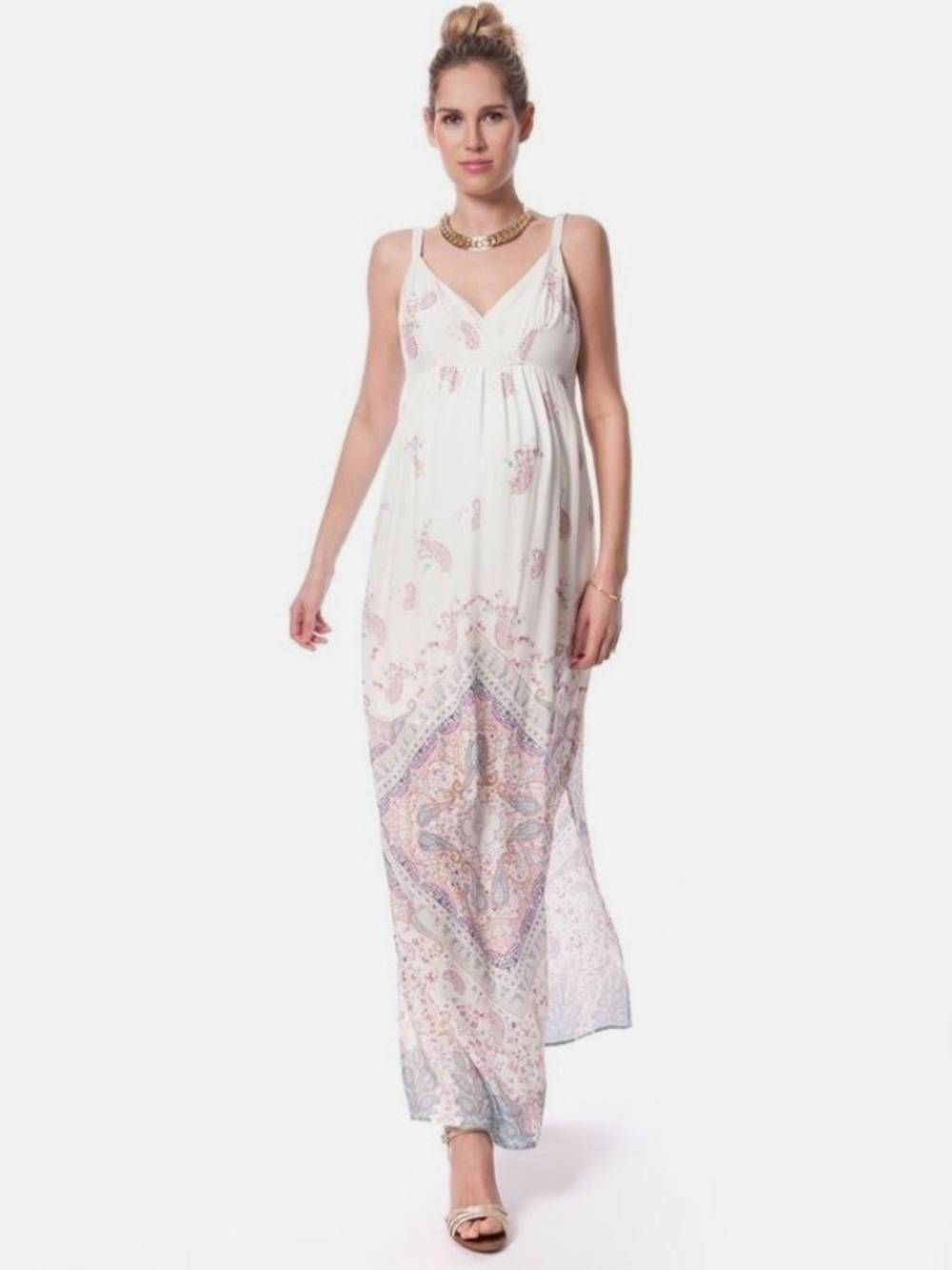 Seraphine Maternity White Paisley Print Maxi Dress with V-Neck